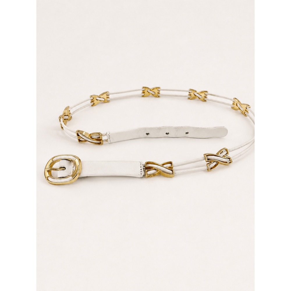 Calderon Leather Belt Womens S White‎ Gold Hardware Vintage Skinny Chic Luxury